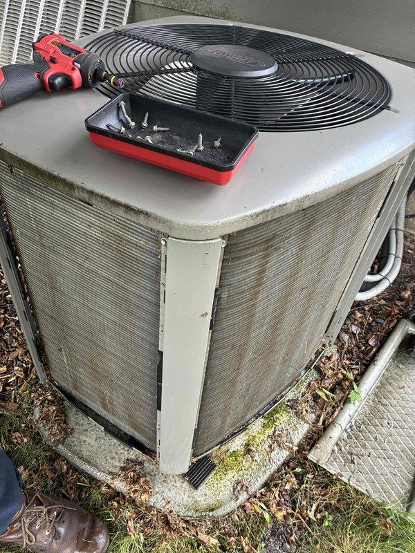 Completed MVP annual cooling maintenance on residential air conditioning system. Performed comprehensive inspection of outdoor condensing unit, verified temperature differential readings at 55.5°F, and serviced all accessible components. Unit exterior showed normal weathering with debris accumulation around base that was addressed during service visit.