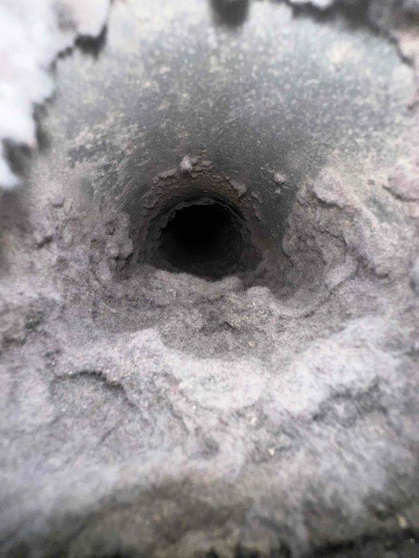 Completed dryer vent cleaning service with heavy lint accumulation removed from the exhaust opening and ductwork. The vent showed significant buildup of fibrous material and debris that was restricting airflow, which was thoroughly cleaned to restore proper ventilation and reduce fire hazard risk.