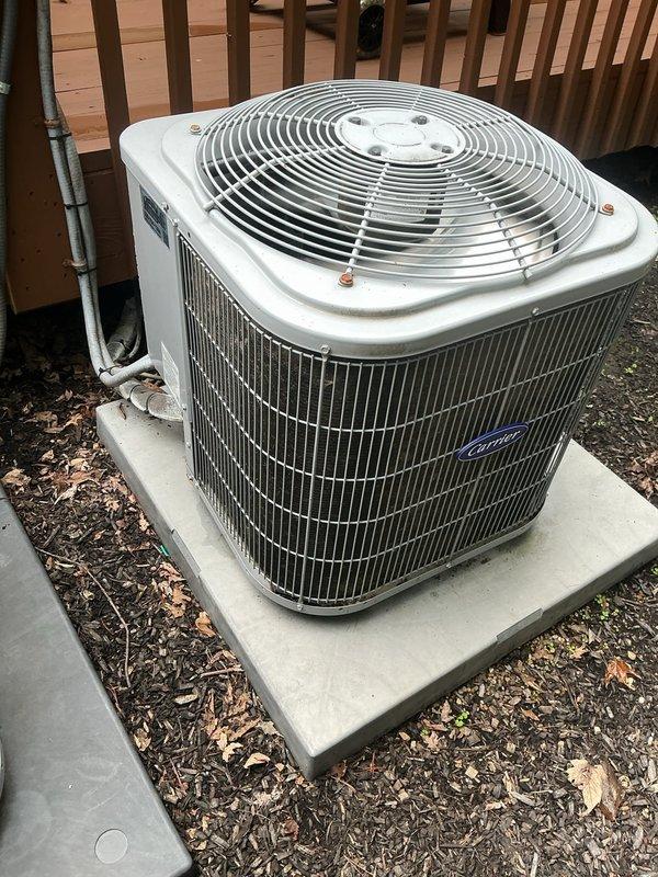 Completed MVP cooling maintenance visit on Carrier brand outdoor condenser unit. Performed system diagnostics including electrical measurements using digital multimeter, recording amperage reading of 48.5 amps at the compressor circuit. Inspected refrigerant lines, electrical connections, control components, and verified proper operation of condenser fan assembly and all system components.