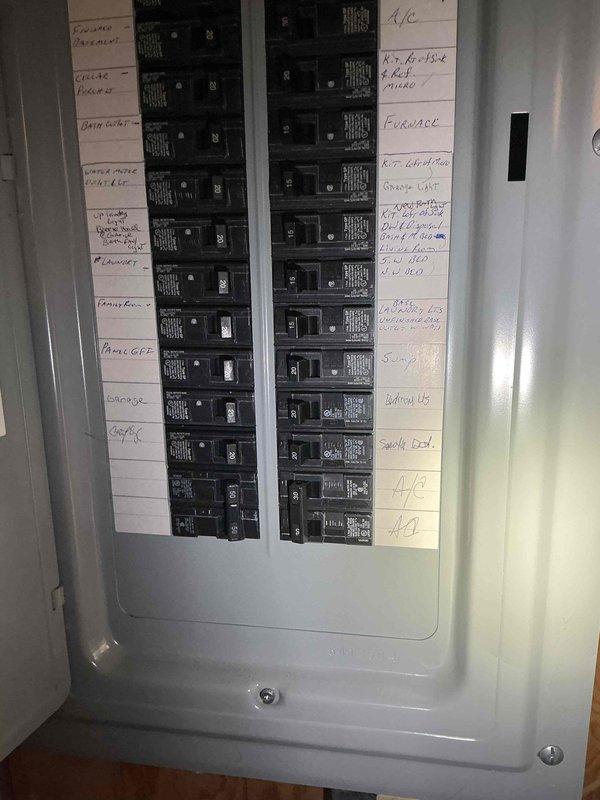 Completed electrical estimate for whole-house generator installation at residential property. Evaluated existing electrical infrastructure including main service panel and available installation locations in unfinished basement utility area. Assessed panel capacity, circuit configuration, and determined optimal placement for generator transfer switch and associated wiring. Documented site conditions with photographs showing current electrical panel setup with multiple circuits serving HVAC, appliances, and lighting loads, as well as basement area with exposed joists, ductwork, and available wall space for equipment mounting. Provided customer with comprehensive estimate for generator system installation including transfer switch, disconnect, and necessary electrical connections.