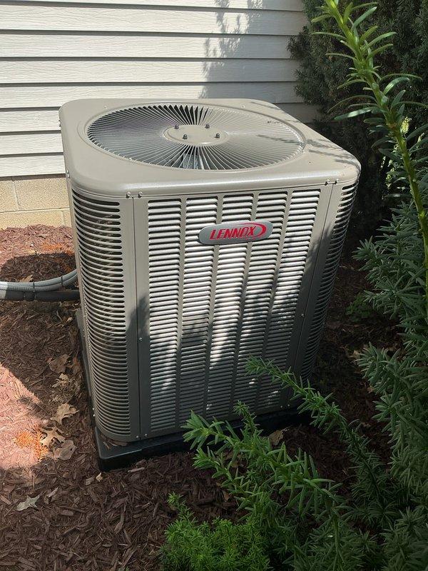 Completed MVP preventive maintenance inspection on Lennox cooling system. Inspected indoor furnace unit in basement mechanical room and outdoor condenser unit, verifying proper operation of all components, checking refrigerant levels, cleaning condenser coils, and confirming adequate airflow through both units. System operating within manufacturer specifications with no deficiencies noted.