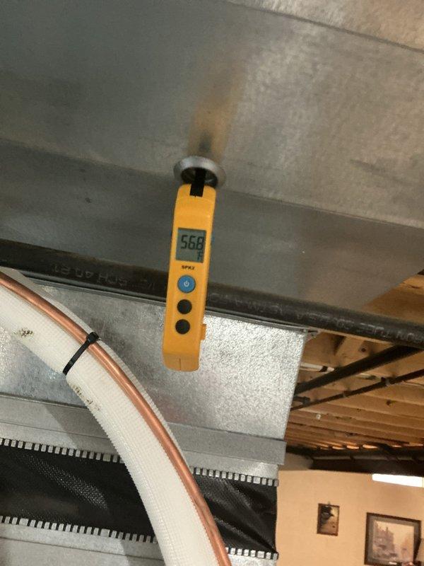 Completed comprehensive cooling maintenance on 4-year-old air conditioning system. Performed system diagnostics and measured airflow readings at 568 CFM using digital anemometer at supply plenum. Inspected refrigerant lines and insulation integrity throughout the system, verified proper securing of copper linesets with zip ties, and confirmed all ductwork connections were sealed and functioning properly. All components operating within normal parameters with no issues identified.