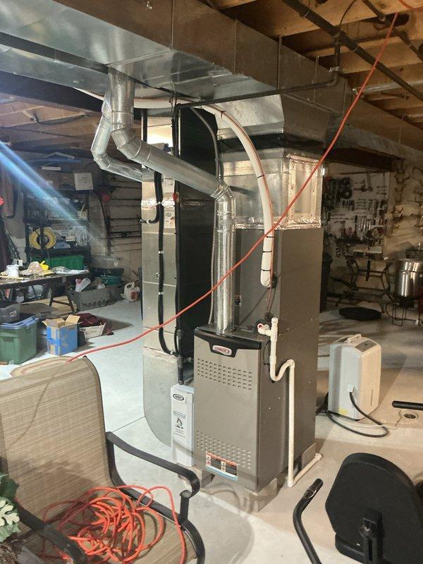 Completed comprehensive cooling maintenance on 4-year-old air conditioning system. Performed system diagnostics and measured airflow readings at 568 CFM using digital anemometer at supply plenum. Inspected refrigerant lines and insulation integrity throughout the system, verified proper securing of copper linesets with zip ties, and confirmed all ductwork connections were sealed and functioning properly. All components operating within normal parameters with no issues identified.