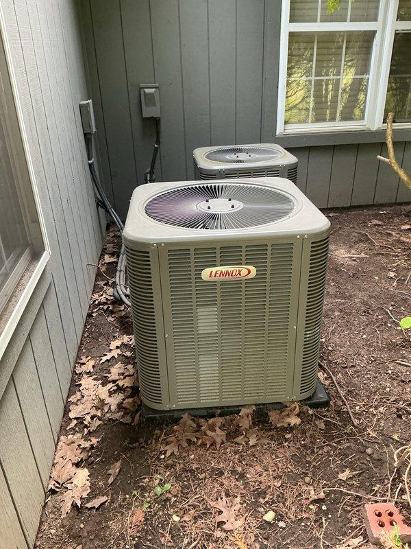 Completed MVP air conditioning maintenance on dual-zone system with attic-mounted air handlers and two exterior Lennox condensing units. Performed comprehensive inspection of all equipment, verified proper operation of both zones, checked refrigerant levels, cleaned condenser coils, inspected ductwork and connections, and confirmed electrical components functioning within specifications.
