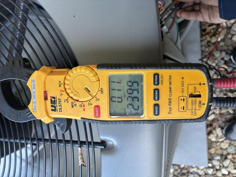 # HVAC Maintenance - Cooling

Completed scheduled MVP preventive maintenance visit on 3-year-old cooling system. Performed comprehensive electrical diagnostics on outdoor condensing unit using digital clamp meter to verify amperage draw, voltage levels, and system performance parameters. All measurements recorded within manufacturer specifications, confirming proper operation of compressor and condenser fan motor. Unit operating efficiently with no deficiencies noted.