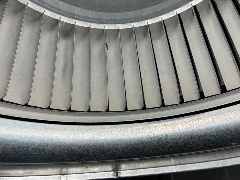 Completed maintenance visit on 10-year-old air conditioning system. Inspected evaporator coil and blower assembly, documenting substantial dust and debris accumulation on coil fins and light soiling on blower wheel blades, which can reduce system efficiency and airflow if not addressed during regular maintenance intervals.