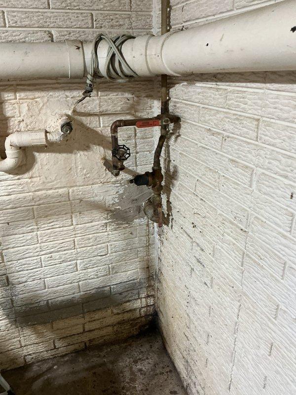 Completed diagnostic evaluation of residential tanked water heater system. Inspected water heater unit and surrounding plumbing infrastructure, noting moisture staining on concrete floor at base of tank and evidence of historical water damage on adjacent wall surfaces near valve assembly. Assessed expansion tank condition and plumbing connections at top of unit, including copper supply lines and flexible connectors. Evaluated red-handled valve assembly and associated PVC piping showing age-related wear and discoloration. Examined shower fixture for reported leak condition. Documented all findings with photos for customer review. Provided quote for expansion tank replacement as requested. System evaluation complete with recommendations for necessary repairs to address moisture issues and prevent further water damage.