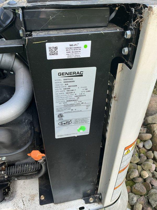 Completed first annual maintenance service on 2-3 year old Generac standby generator (Model G0070433, Serial 4006805085). Performed comprehensive inspection of unit including engine components, electrical connections, and Wi-Fi monitoring system; verified all operational parameters within manufacturer specifications and documented unit condition with photos.