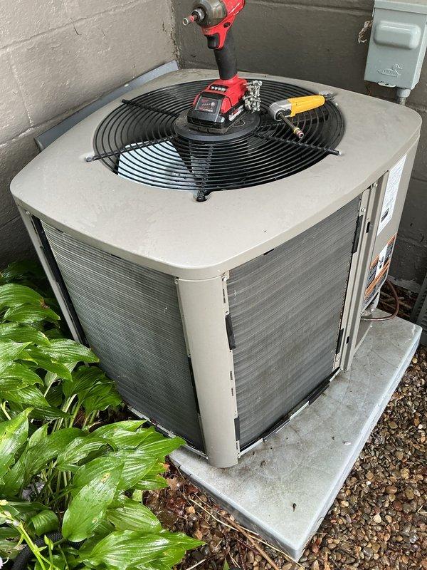 Performed routine HVAC maintenance visit on a 5-year-old outdoor air conditioning system. Conducted standard system diagnostics using refrigerant gauges and testing equipment, verified proper operation of the condensing unit and fan assembly, and cleared accumulated leaves and organic debris from around the equipment and ventilation components to ensure optimal airflow and system performance.