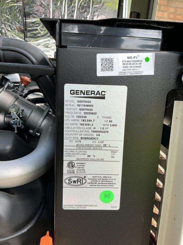 Performed scheduled maintenance on a 3-year-old Generac 22kW standby generator, model GD070422. Replaced the existing battery with a new unit as requested due to age and declining performance. Conducted comprehensive system inspection including verification of all electrical connections, fluid levels, and operational parameters. Tested generator startup sequence and confirmed proper voltage output at 120/240V single-phase specifications. Verified both natural gas and LP fuel system pressures and connections were secure. Cleaned battery terminals and compartment area, ensuring all cable connections were tight and properly routed. Documented unit specifications and confirmed serial number 3011848082 for maintenance records. Generator tested successfully and left in operational standby mode.