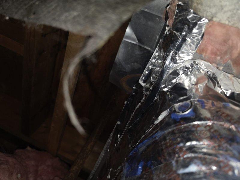 Returned to diagnose water splashing issue from evaporator coil into ventilation system. Upon inspection, found severely deteriorated insulation around ductwork and HVAC components in attic space, with material breakdown contributing to moisture management problems. Documented existing conditions showing compromised insulation integrity and recommended repairs to address both the water drainage concern and degraded insulation affecting system performance.