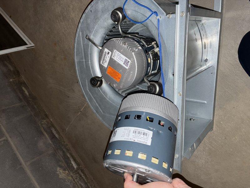 Diagnosed no cooling condition and identified failed blower module as the root cause. Ordered replacement parts and completed installation of new blower motor assembly and control board upon arrival. System restored to full operational status with proper airflow and cooling functionality verified.