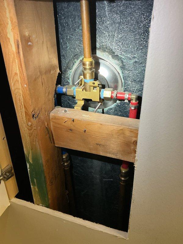 Responded to a leaking Delta Monitor shower valve in a bathroom of a home built in 1997. Accessed the valve assembly through the rear wall access point and inspected the brass cartridge and connections. Identified worn internal seals causing the leak, replaced the cartridge assembly, and tested the hot and cold water controls for proper operation. Verified all connections were secure and leak-free before closing the access panel.