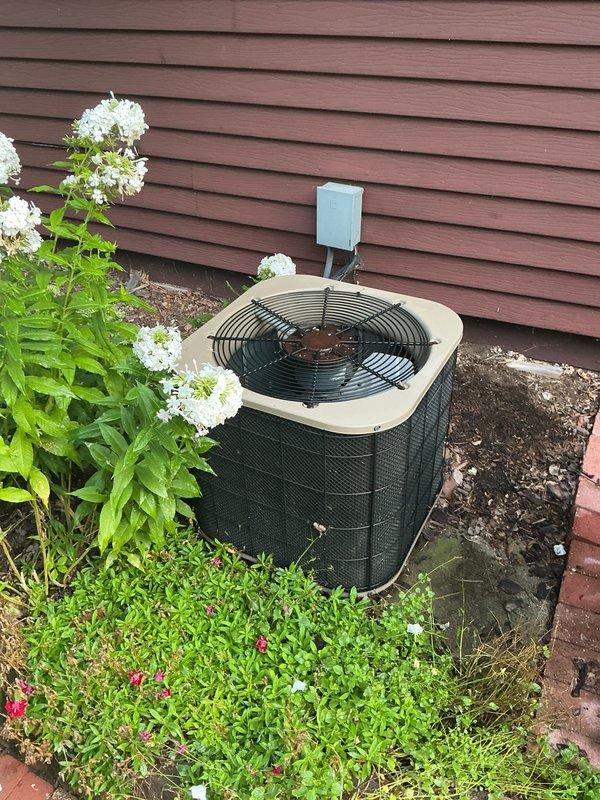 Completed full HVAC system installation including an 80% AFUE gas furnace in the basement mechanical room and matching outdoor air conditioning condenser unit. The furnace was positioned on the existing hexagonal tile floor with proper clearances from the adjacent water heater and utility connections. Installed metallic flexible ductwork connecting the furnace to the existing distribution system, ensuring secure transitions and proper support. The outdoor condenser unit was set on a concrete pad against the building's exterior siding with appropriate clearances from landscaping elements including ornamental shrubs and ground cover. Mounted electrical disconnect box on the building siding with conduit run to the condenser unit per code requirements. Verified all refrigerant line connections, electrical wiring, gas piping, and condensate drainage. System was tested for proper operation, airflow, and temperature differential across both heating and cooling modes.