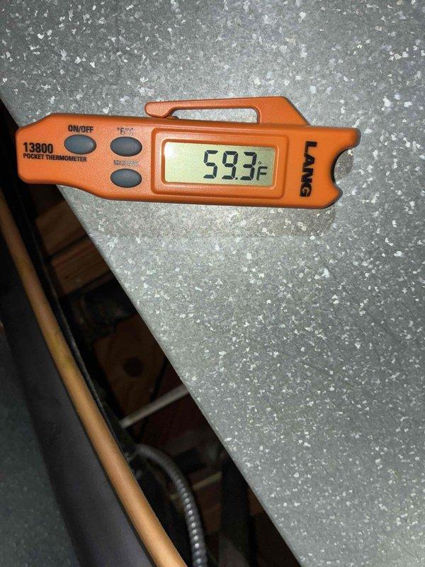 Completed BS-MVP cooling system maintenance visit and performed comprehensive system evaluation. Measured supply air temperature at 59.3°F using calibrated digital thermometer, confirming proper cooling performance. Inspected evaporator coil and refrigerant lines, which showed normal operation with no visible leaks or damage to insulation. Replaced air filter with new unit featuring diamond-pattern grid design to ensure optimal airflow and system efficiency. All components operating within normal parameters at time of service.