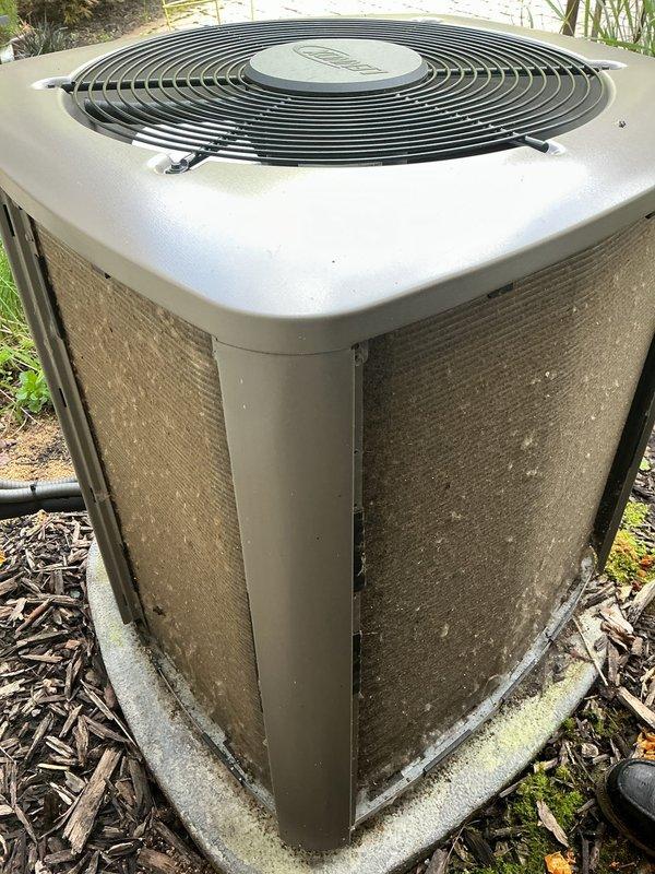 Completed scheduled cooling maintenance on 5-6 year old residential air conditioning system. Inspected and replaced two TR359 35A 250V fuses in electrical disconnect, cleaned debris from condenser unit exterior and surrounding area, and verified proper system operation. Unit showed normal wear consistent with age and outdoor exposure.