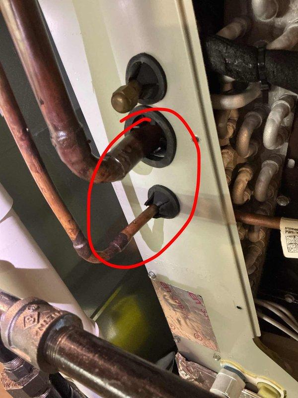 Completed scheduled BS-MVP cooling maintenance visit on 9-year-old outdoor unit. Performed comprehensive system inspection including refrigerant line connections, which showed age-appropriate oxidation on copper piping but remained structurally sound with proper sealing at grommets. All components operating within normal parameters with no immediate service needs identified.