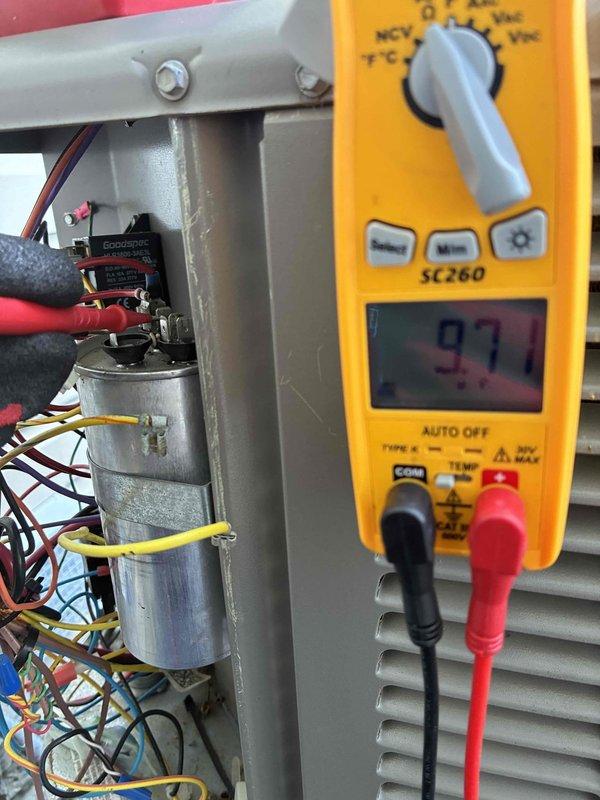 Performed routine maintenance on a 10-year-old ground-level cooling system. Conducted electrical diagnostics using a digital multimeter to test the capacitor and verify proper voltage readings, ensuring all electrical components were functioning within manufacturer specifications. Temperature measurements were taken to confirm system performance and cooling efficiency met operational standards.
