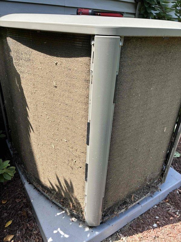 Completed scheduled MVP maintenance on a 3-year-old outdoor air conditioning unit. Performed comprehensive cooling season inspection, documented system temperatures with readings showing 72.2°F, and verified proper operation of all components. Unit exterior showed normal weathering for age, with equipment functioning within manufacturer specifications on concrete pad installation.