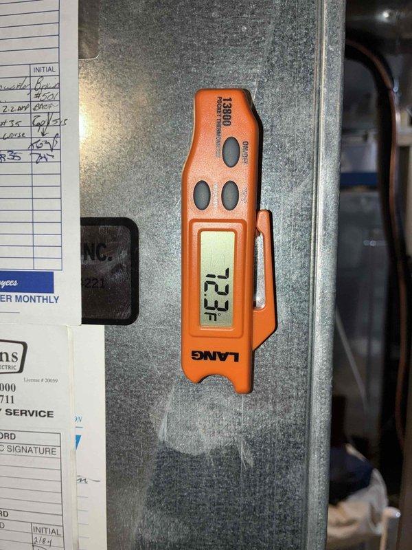 Completed scheduled MVP maintenance on a 3-year-old outdoor air conditioning unit. Performed comprehensive cooling season inspection, documented system temperatures with readings showing 72.2°F, and verified proper operation of all components. Unit exterior showed normal weathering for age, with equipment functioning within manufacturer specifications on concrete pad installation.