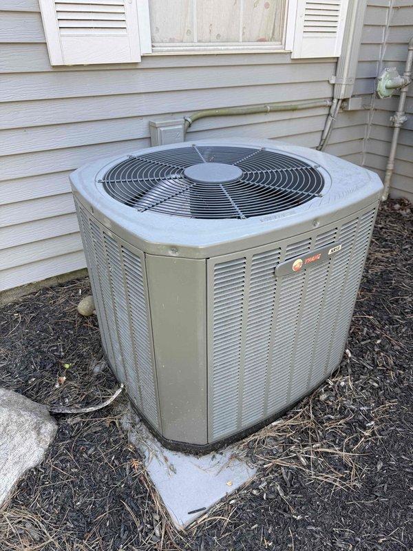 Completed BS-MVP cooling maintenance visit on 14-year-old residential HVAC system. Performed comprehensive inspection of Trane air handler unit located in interior mechanical closet and outdoor condenser unit. Inspected all refrigerant lines, electrical connections, ductwork, and condensate drainage system. Verified proper airflow through louvered condenser panels and checked fan operation. Examined gas line connections and mounting stability of equipment. System operating within normal parameters upon completion of maintenance protocol.