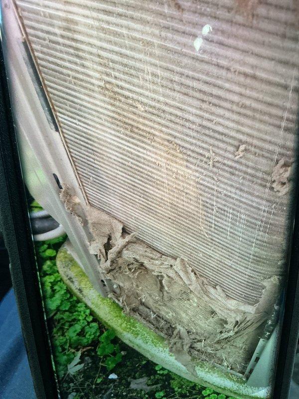 Completed comprehensive cooling maintenance on 8-year-old air conditioning system. Inspected evaporator coil and found heavy accumulation of dirt, dust, and debris throughout fin surfaces, with significant buildup in lower sections and evidence of algae growth on unit casing. Replaced heavily soiled air filter with new filter to restore proper airflow and system efficiency.