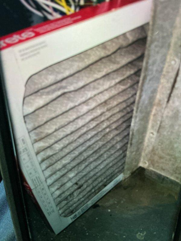 Completed comprehensive cooling maintenance on 8-year-old air conditioning system. Inspected evaporator coil and found heavy accumulation of dirt, dust, and debris throughout fin surfaces, with significant buildup in lower sections and evidence of algae growth on unit casing. Replaced heavily soiled air filter with new filter to restore proper airflow and system efficiency.