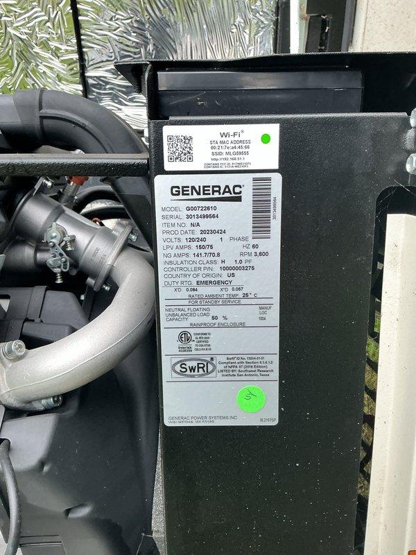 Performed routine maintenance on a 3-year-old Generac standby generator, model G007Z2610. Conducted comprehensive battery testing using digital analyzer, confirming battery health at 100% SOH with 12.65V reading and 270 CCA, indicating good operational status. Verified all manufacturer specifications and unit functionality per maintenance schedule requirements.