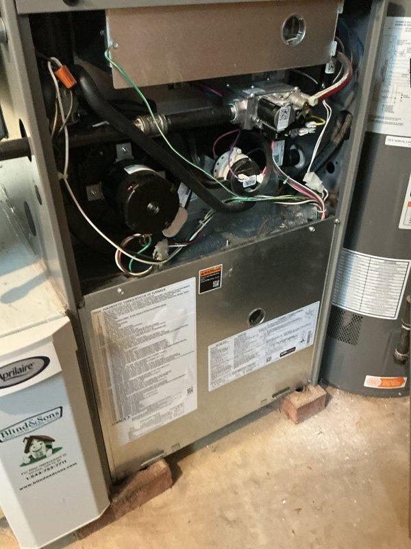 Completed scheduled BS-MVP cooling maintenance visit on residential HVAC system. Performed comprehensive inspection of furnace unit and blower motor assembly, documenting electrical connections and wiring configurations within equipment housing. All internal components, including blower motor, wiring harnesses, and electrical connections were photographed and verified to be in proper working condition.