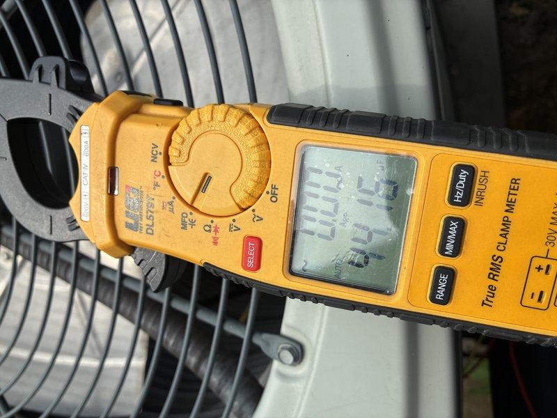 Completed MVP cooling maintenance visit on residential HVAC system. Performed electrical diagnostics using clamp meter to verify proper amperage draw on condenser fan motor and compressor circuits. Inspected outdoor unit motor assembly, checked all electrical connections and terminals for proper contact, and verified wiring integrity on motor circuits including capacitor connections.