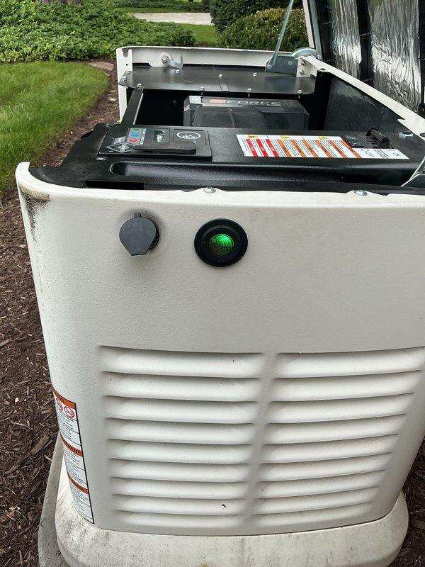 Performed scheduled maintenance service on a two-year-old standby generator system. Conducted comprehensive battery load test using diagnostic equipment, which confirmed battery in good operating condition with 83% state of health, 100% state of charge, and 13.17V reading against 540A CCA standard. Inspected generator unit exterior and internal components, verified green operational indicator light functioning properly, and confirmed all control systems operating within normal parameters. Unit tested and left in full operational status.
