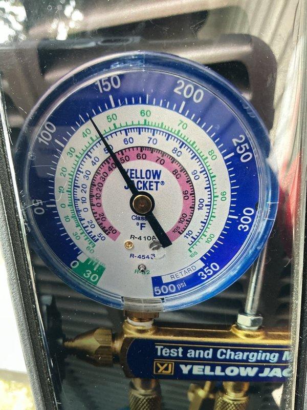 Responded to service call for non-operational air conditioning system affecting entire home. Performed diagnostic testing on 3-year-old outdoor condensing unit using digital manifold gauges and temperature measurement instruments. Measured system pressures and temperatures to evaluate refrigerant charge levels and overall system performance. Testing revealed system operating parameters were within acceptable range for R-410A refrigerant. Verified proper system operation and restored cooling to residence.