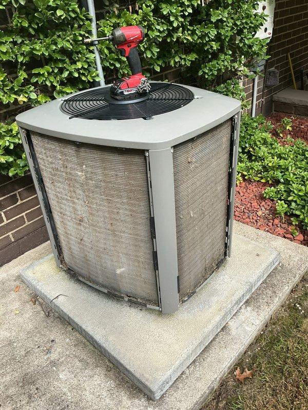 Completed preventive maintenance cooling visit on 7-year-old residential air conditioning system. Performed comprehensive inspection of outdoor condenser unit, including visual assessment of cabinet condition, protective grilles, and fan assembly. Unit found to be in serviceable condition with normal signs of outdoor exposure. All components accessible and operational during routine maintenance procedures.