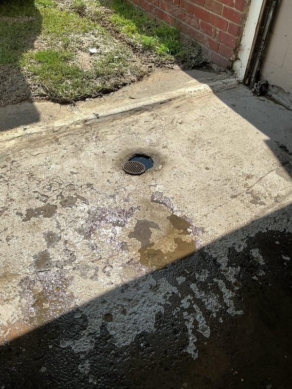 Responded to main drain backup in basement. Upon arrival, located exterior cleanout access point on concrete walkway adjacent to building. Inspected circular drain cover and surrounding area, noting significant water staining and discoloration on concrete surface indicating previous overflow conditions. Accessed main sewer line through cleanout, cleared blockage using mechanical cable auger. Verified proper drainage flow and tested system to ensure complete restoration of waste line function. Inspected secondary drain access point near HVAC equipment area, confirmed no additional blockages present. System restored to full operational capacity with no further backup conditions observed.