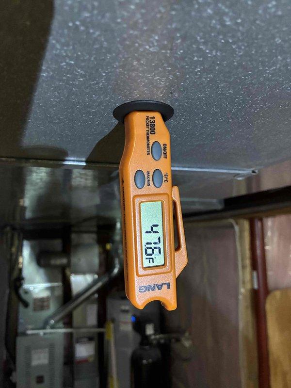 Completed MVP air conditioning maintenance on a 5-year-old Trane system. Performed comprehensive inspection of the air handler and furnace unit, verified all system components including blower motor, ductwork connections, and condensate drainage line were functioning properly. Temperature readings confirmed system operating within normal parameters at 115°F, indicating proper heat exchange and airflow through the equipment.