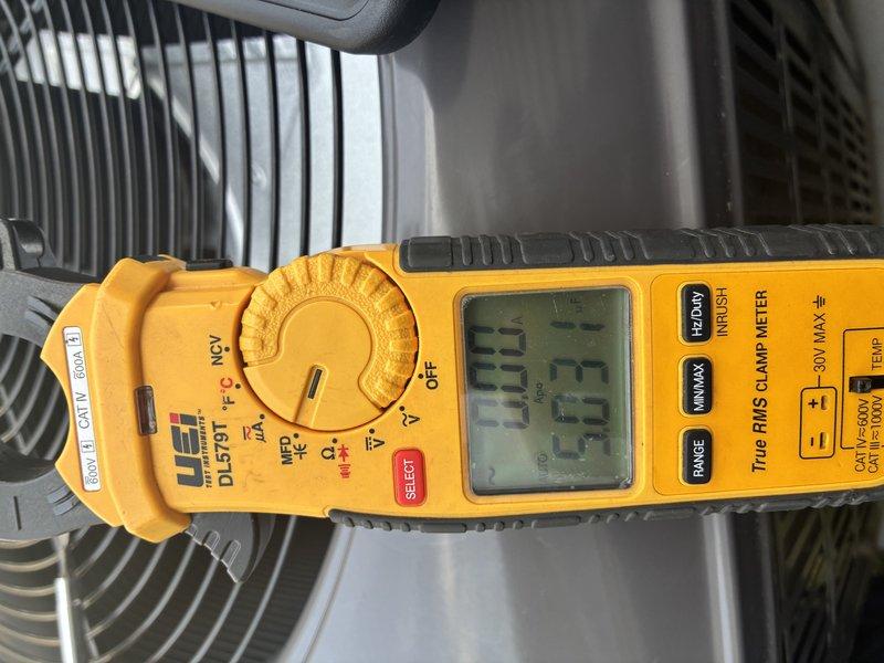 Completed MVP AC maintenance on Amana condensing unit. Performed comprehensive system inspection including electrical measurements using digital clamp meter to verify proper amperage draw and component operation. Inspected condenser coil, fan assembly, and electrical connections. Unit operating within normal parameters with all components functioning properly.