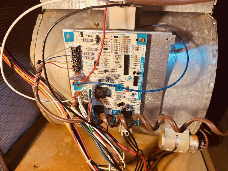 Replaced defective control board on HVAC system. New control board was installed with all electrical connections properly terminated, including multiple wire harnesses for system operation. System tested and verified operational with R-454B refrigerant specifications confirmed for proper charging parameters.