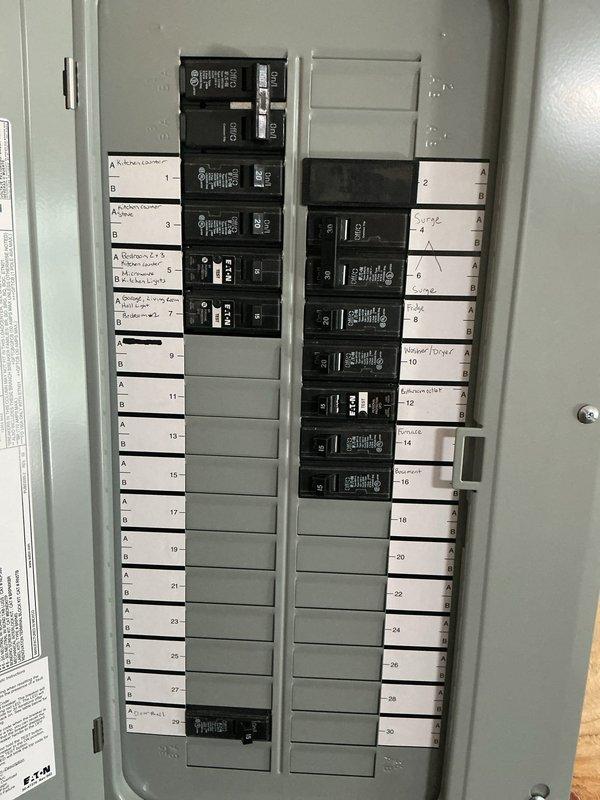 Installed GFCI circuit breakers in the main electrical panel to provide ground fault protection for designated areas of the residence. Replaced existing two-prong receptacles with customer-provided three-prong grounded devices in multiple locations throughout the home to improve electrical safety and accommodate modern appliances. All work was completed in accordance with current NEC standards, with proper circuit identification maintained on the panel directory.