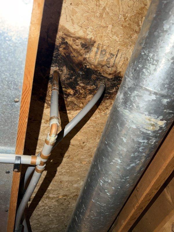Responded to water leak in basement originating from upstairs toilet. Upon inspection, identified active leak causing water damage to subfloor and OSB sheathing where plumbing penetrates through floor assembly. Water infiltration resulted in significant staining and deterioration of structural panel material around PVC drain lines. Documented damage with photographs showing affected area and plumbing configuration. Confirmed leak source and scheduled follow-up appointment for repair work.