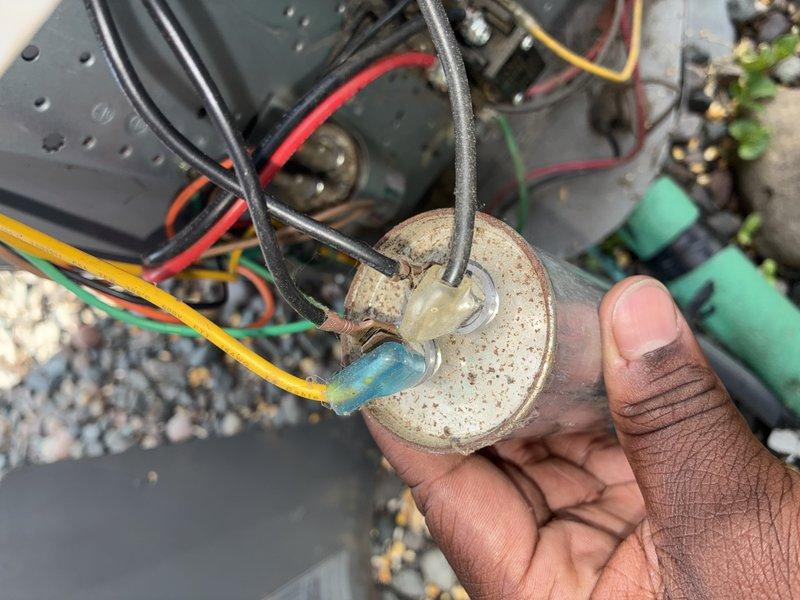 Completed MVP AC maintenance on outdoor cooling unit. Performed comprehensive system diagnostics using digital clamp meter to verify electrical readings including amperage, voltage, and capacitance. Inspected and replaced deteriorated run capacitor showing visible signs of corrosion and weathering on casing and wire terminals. Verified all electrical connections, tested system performance parameters, and confirmed unit operation within manufacturer specifications.