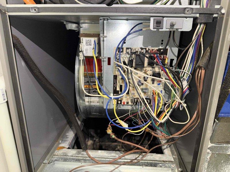 Completed comprehensive maintenance service on three furnace systems and three air conditioning units. Performed thorough inspections of all equipment including blower assemblies, which showed dust accumulation on wheel blades requiring cleaning, and electrical control compartments with circuit boards, contactors, and terminal blocks. All wiring connections, relays, and switching components were inspected and verified for proper operation across all six HVAC units.