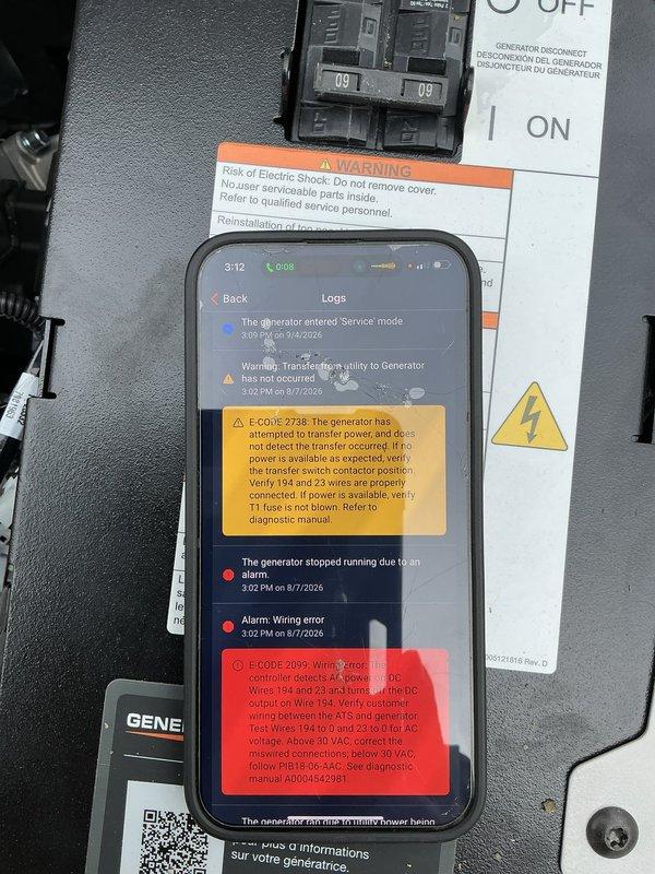 Responded to service call for 2-month-old generator displaying miswire alarm and failure to exercise. Diagnosed E-CODE-2009 wiring error through control panel diagnostics, inspected terminal block connections and phase wiring configuration within the transfer switch assembly. Corrected miswired connections, verified proper phasing on all three legs, and cleared error codes from system log. Unit successfully tested and returned to automatic operation with proper exercise scheduling restored.