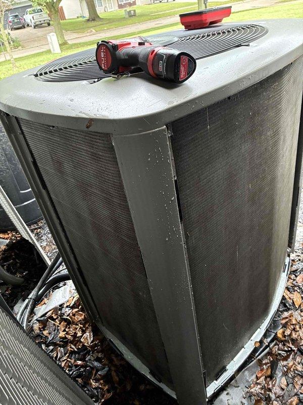 Completed MVP air conditioning maintenance service on residential Lennox cooling system. Inspected outdoor condenser unit and found normal operating conditions with minor debris accumulation from seasonal leaf fall. Discovered heavily soiled and deformed air filter exhibiting significant sagging and particulate buildup, indicating restricted airflow and reduced system efficiency. Replaced failed filter to restore proper air circulation and system performance.