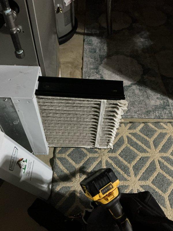 Completed routine maintenance visit on 5-year-old Lennox cooling system for MVP customer. Inspected air handler unit, evaluated dirty pleated air filter requiring replacement, and performed standard system diagnostics to ensure proper cooling operation for the season.