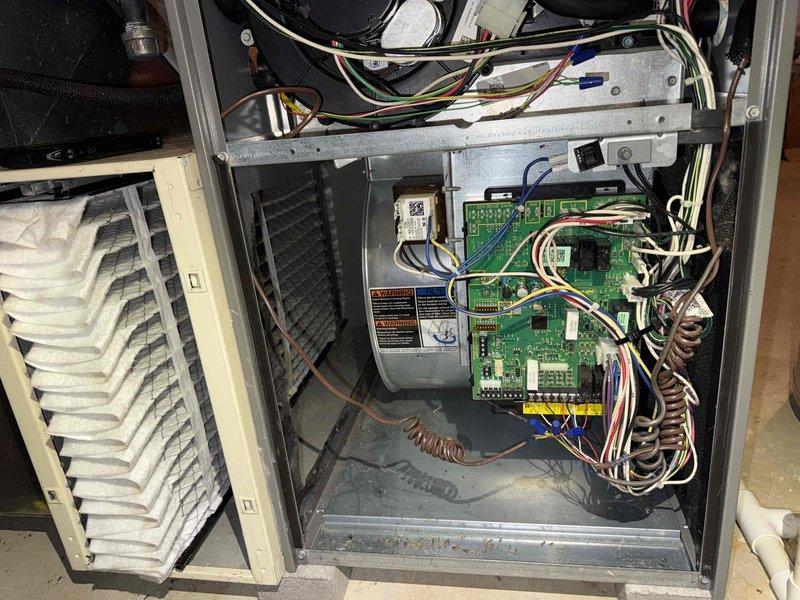 Completed scheduled MVP cooling maintenance visit on 6-year-old HVAC system. Performed comprehensive inspection of unit interior, including examination of air filter showing moderate dust accumulation with visible streaking along pleats. Inspected control board, electrical connections, and wiring harness for proper operation. Evaluated evaporator coil fins, noting intact condition with minor discoloration consistent with normal system age and use. All components found functional and operating within normal parameters.