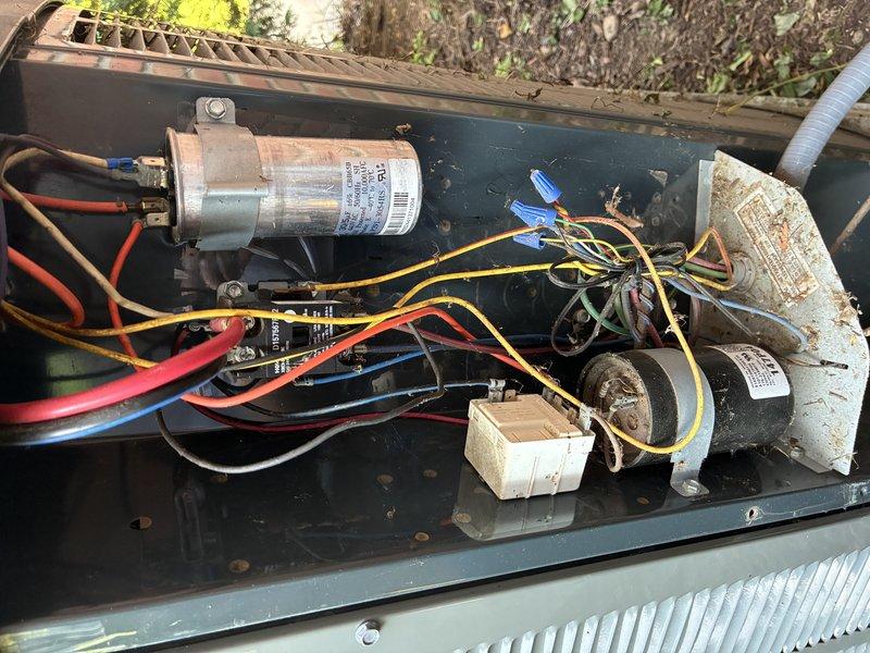 Performed comprehensive cooling system maintenance on outdoor condensing unit. Inspected and serviced electrical components including capacitor, contactor, and wiring connections. Cleaned or replaced air filter showing dust accumulation, checked refrigerant levels, and verified proper system operation.