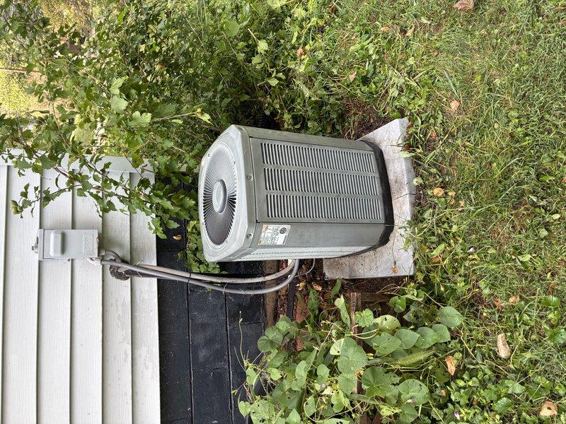 # HVAC Service Report

Responded to service call for 16-year-old central air conditioning system blowing room temperature air with no cooling. Upon arrival, discovered outdoor condenser unit had been completely displaced from its installation pad and was lying on its side in overgrown vegetation. Unit exhibited extensive physical damage, severe corrosion, deteriorated housing with protruding insulation material, and compromised refrigerant lines due to displacement and prolonged exposure to elements.

Assessed that the condenser unit sustained catastrophic damage rendering it beyond economical repair. Repositioned unit back onto concrete pad and documented extensive damage including dented housing, rusted components, and compromised electrical connections. Recommended complete system replacement due to age of equipment, extent of physical damage, and likelihood of refrigerant loss from damaged line sets.
