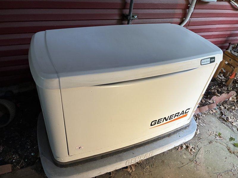 Performed first-time preventive maintenance on Generac standby generator unit. Completed visual inspection of generator enclosure, verified proper operation of control panel indicator lights, and documented equipment condition with photographs. Unit found to be in functional condition with normal outdoor weathering; no immediate repairs required.