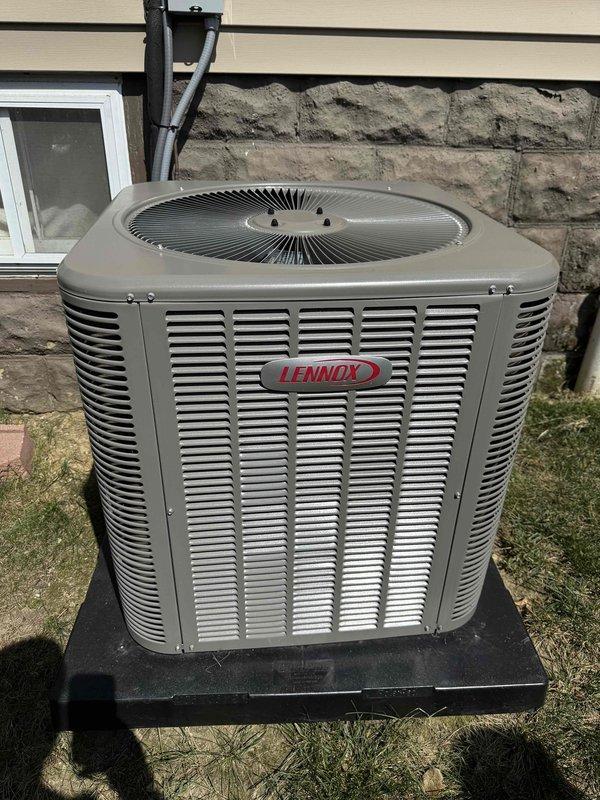 Completed preventative maintenance on Lennox outdoor condensing unit. Performed comprehensive inspection of control board including DIP switch configuration verification and outdoor discharge air sensor connections. All electrical components, capacitors, and circuit board connections found in proper working condition. Unit exterior cleaned, fan operation verified, and system confirmed operational with no deficiencies noted.
