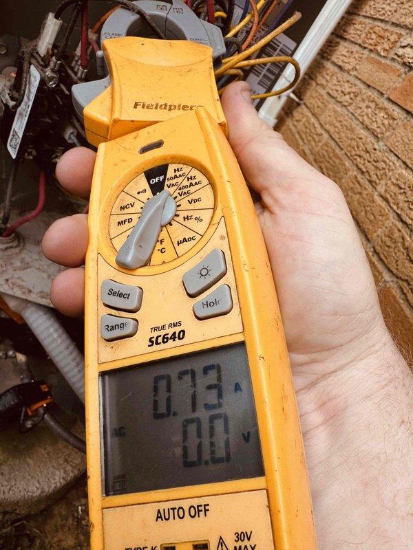 Completed MVP cooling maintenance visit on 6-year-old system. Performed electrical diagnostics using clamp meter and monitored system performance with digital manifold gauges on R410A system. Recorded operating pressures of 120.6 psi suction and 311.2 psi discharge with corresponding saturation temperatures of 41.0°F and 98.4°F respectively. Measured return air temperature at 68.6°F and supply air temperature at 96.5°F. System operating with superheat of 27.6°F and subcooling of 1.9°F, indicating low refrigerant charge requiring attention for optimal performance.